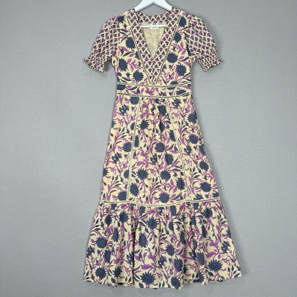 dRA Los Angeles Dresses & Skirts - dRA Los Angeles Anthro Womens Dress XS Beige Delfina Midi Floral Cottagecore